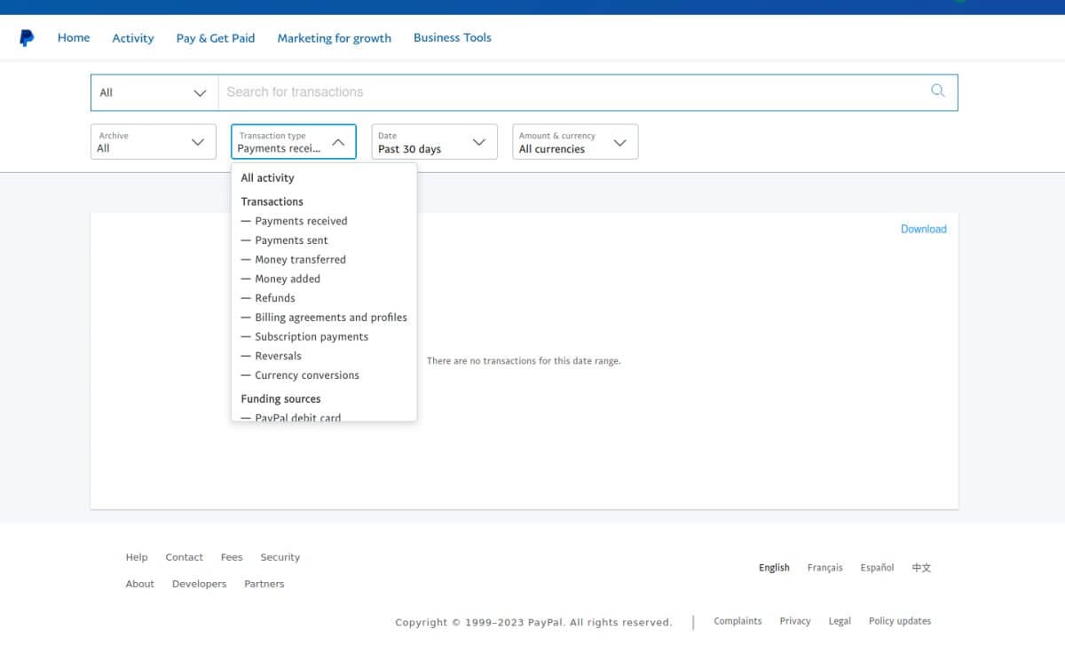 List of PayPal Transactions Reports, Payments Received, Payments Sent etc